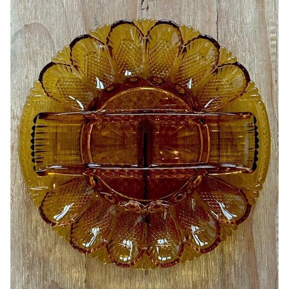 Vtg LE Smith Amber Glass Deviled Egg Plate Relish Tray Platter 11" Heritage #567 - Picture 1 of 3